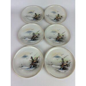 Japanese Kutani Porcelain Meiji 1850s Artwork Set of 6 Saucers Gold Rim RARE